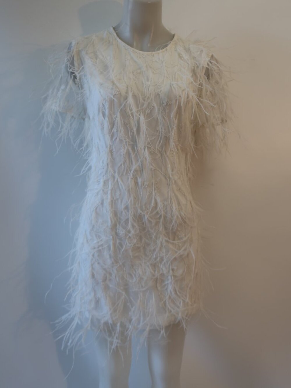 NWT Women Milly Rana White (Item-7014) Short Sleeve Feather Mini Shift Dress S - Picture 4 of 14